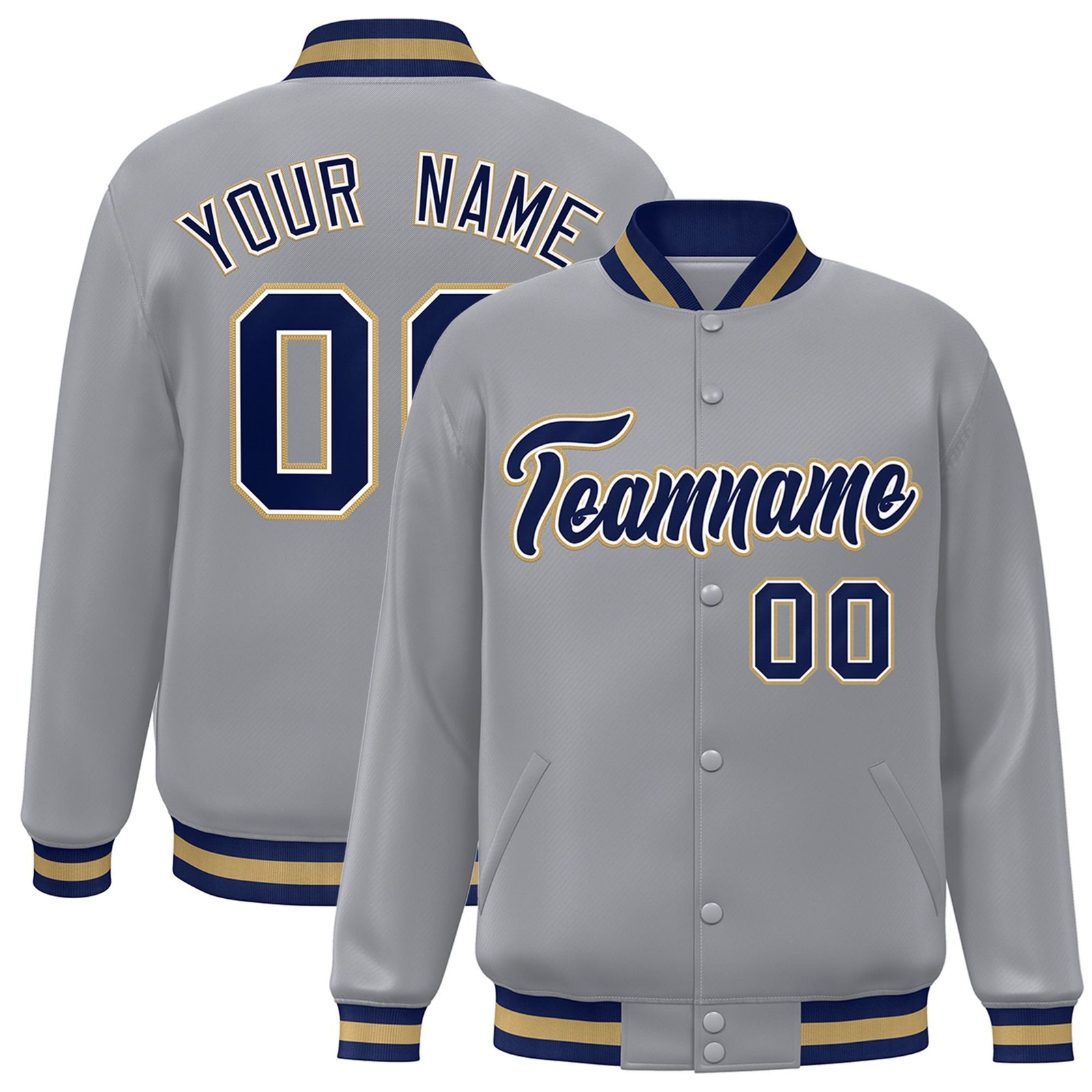 Custom Gray Navy Old-Gold Bomber Full-Snap Varsity Letterman Jacket