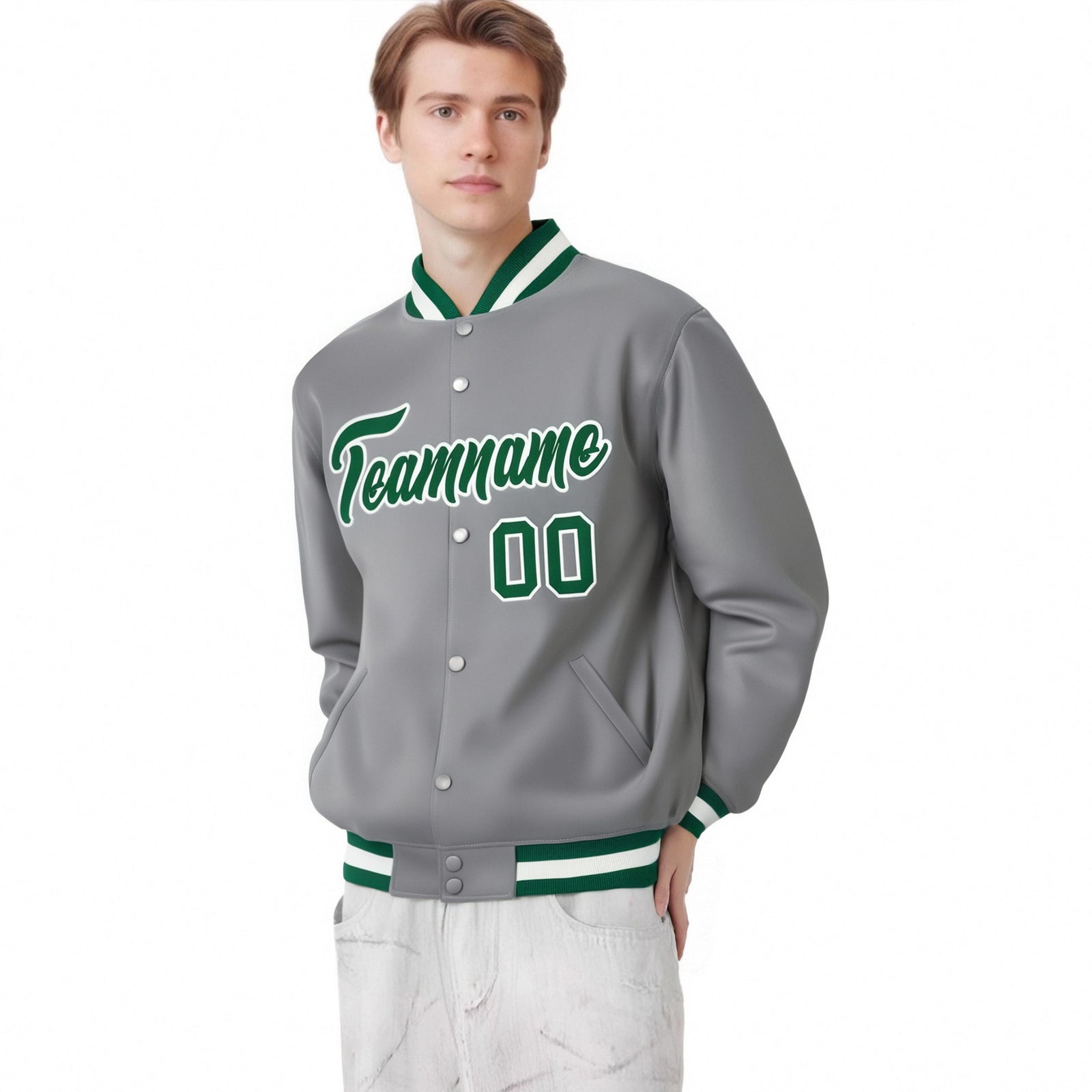 Custom Gray Neon-Green White Bomber Full-Snap Varsity Letterman Jacket
