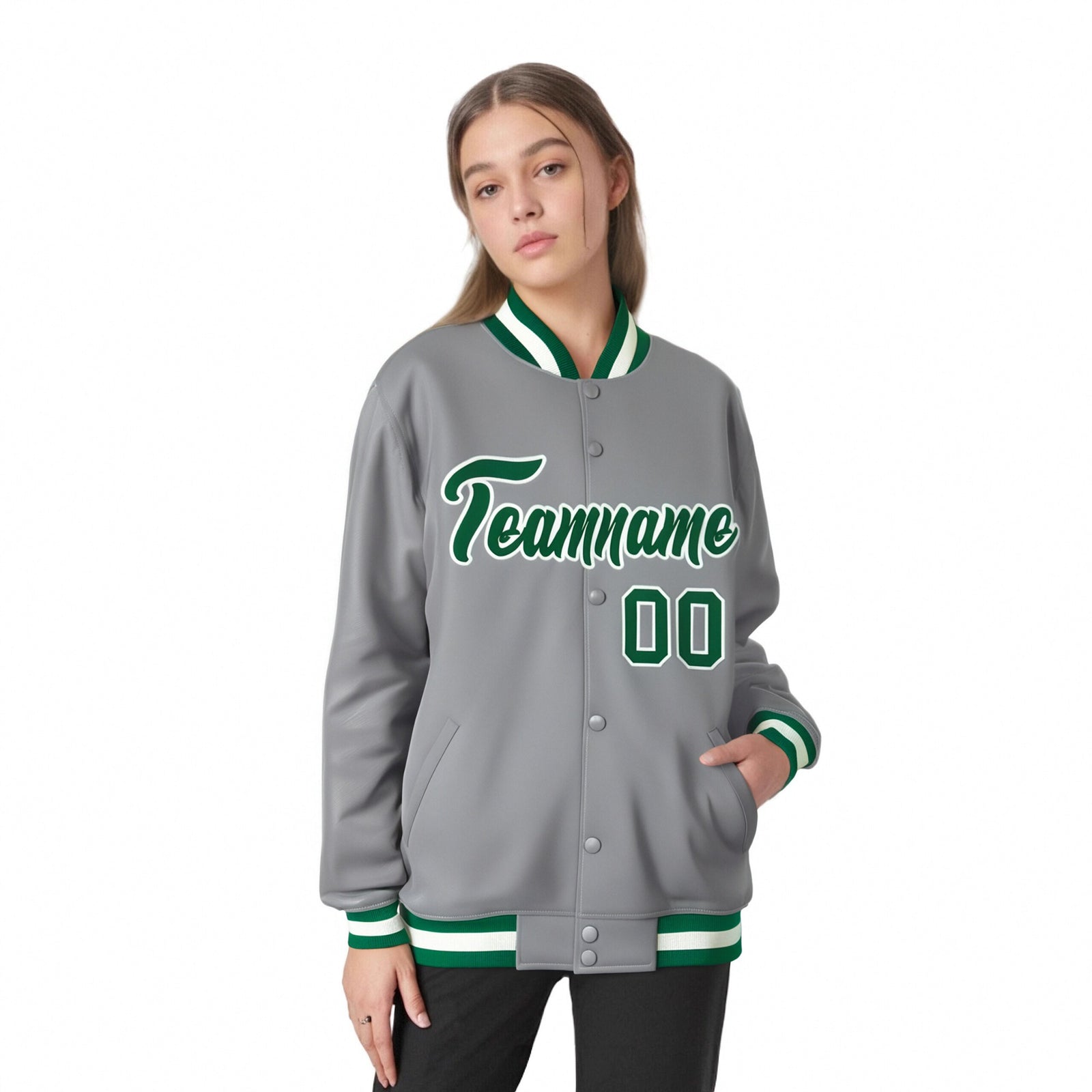 Custom Gray Neon-Green White Bomber Full-Snap Varsity Letterman Jacket