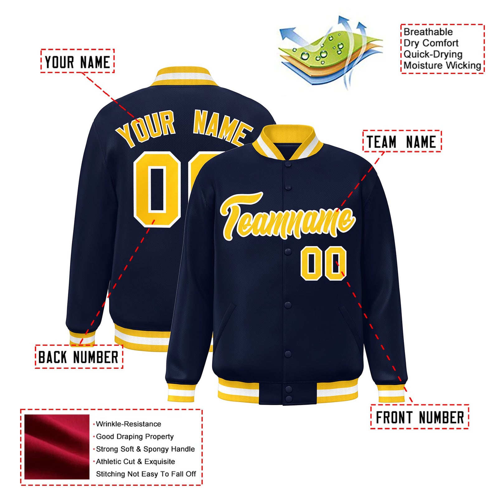 Custom Navy Yellow-White Bomber Full-Snap Varsity Letterman Jacket