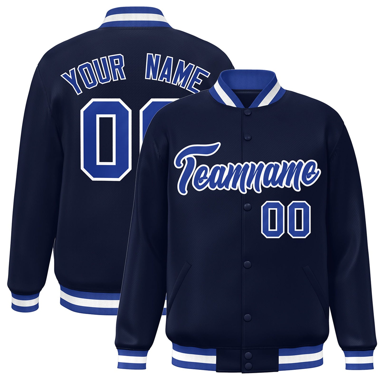 Custom Navy Royal-Blue White Bomber Full-Snap Varsity Letterman Jacket