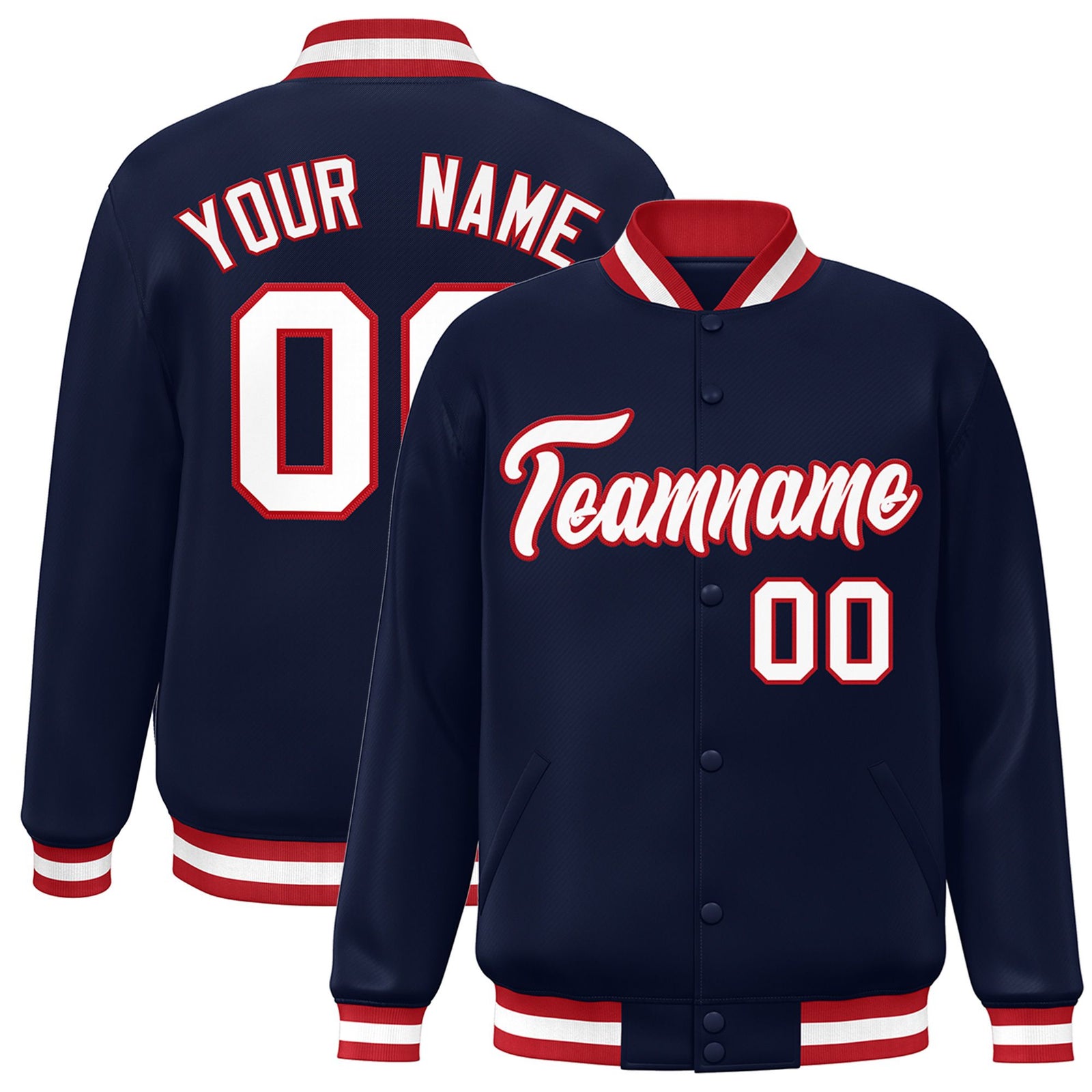 Custom Navy White Red Bomber Full-Snap Varsity Letterman Jacket