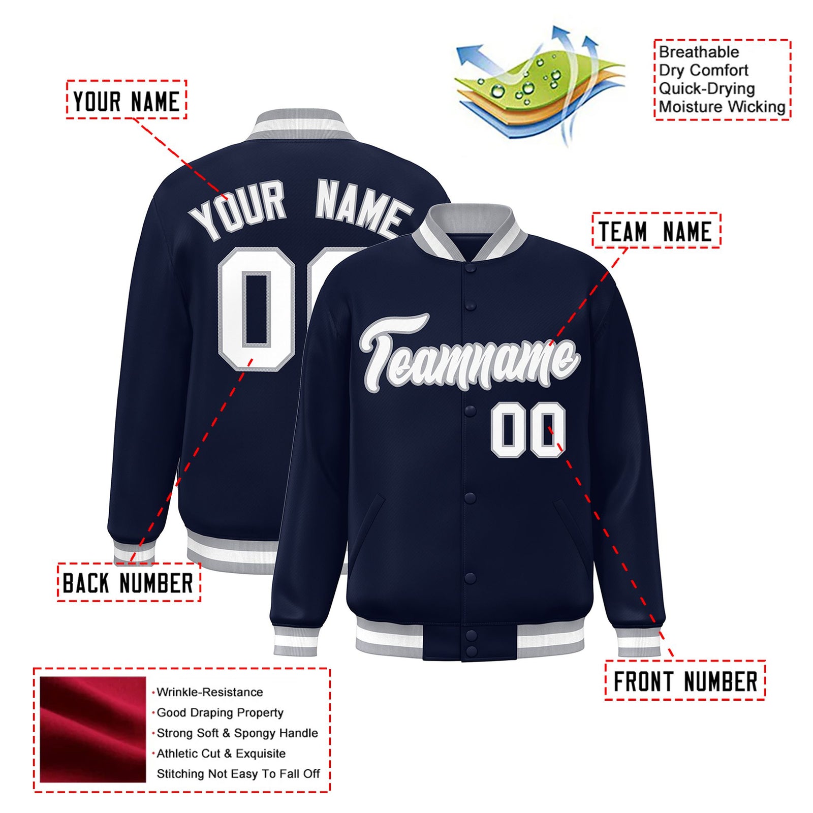 Custom Navy White Gray Bomber Full-Snap Varsity Letterman Jacket