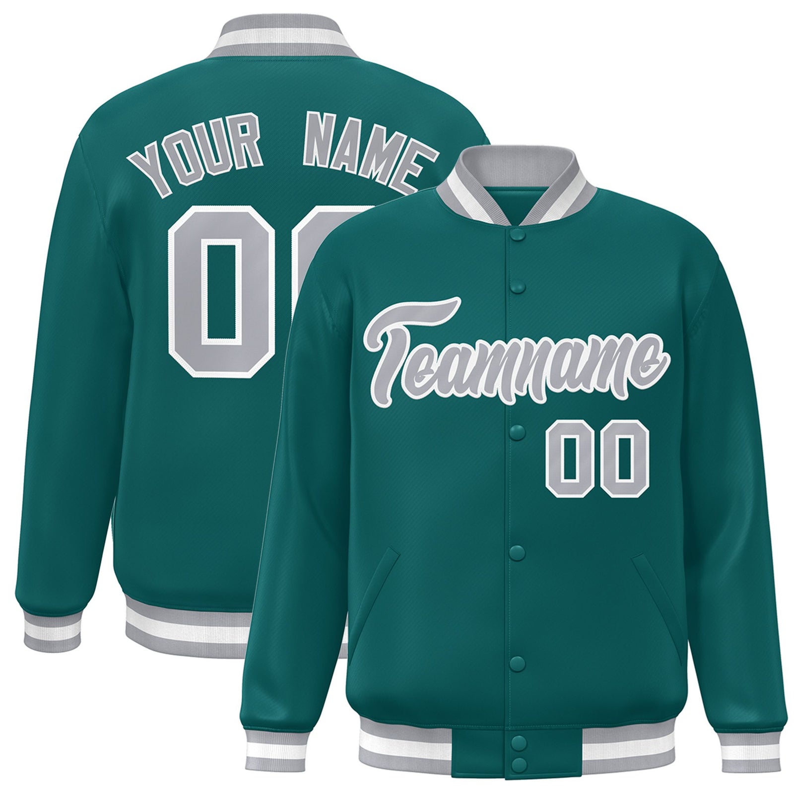 Custom Aqua Gray-White Bomber Full-Snap Varsity Letterman Jacket