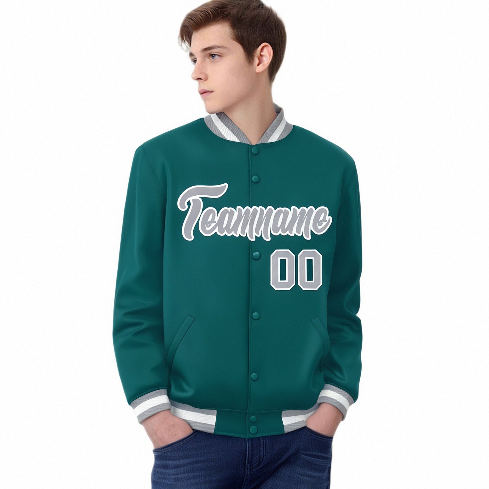 Custom Aqua Gray-White Bomber Full-Snap Varsity Letterman Jacket