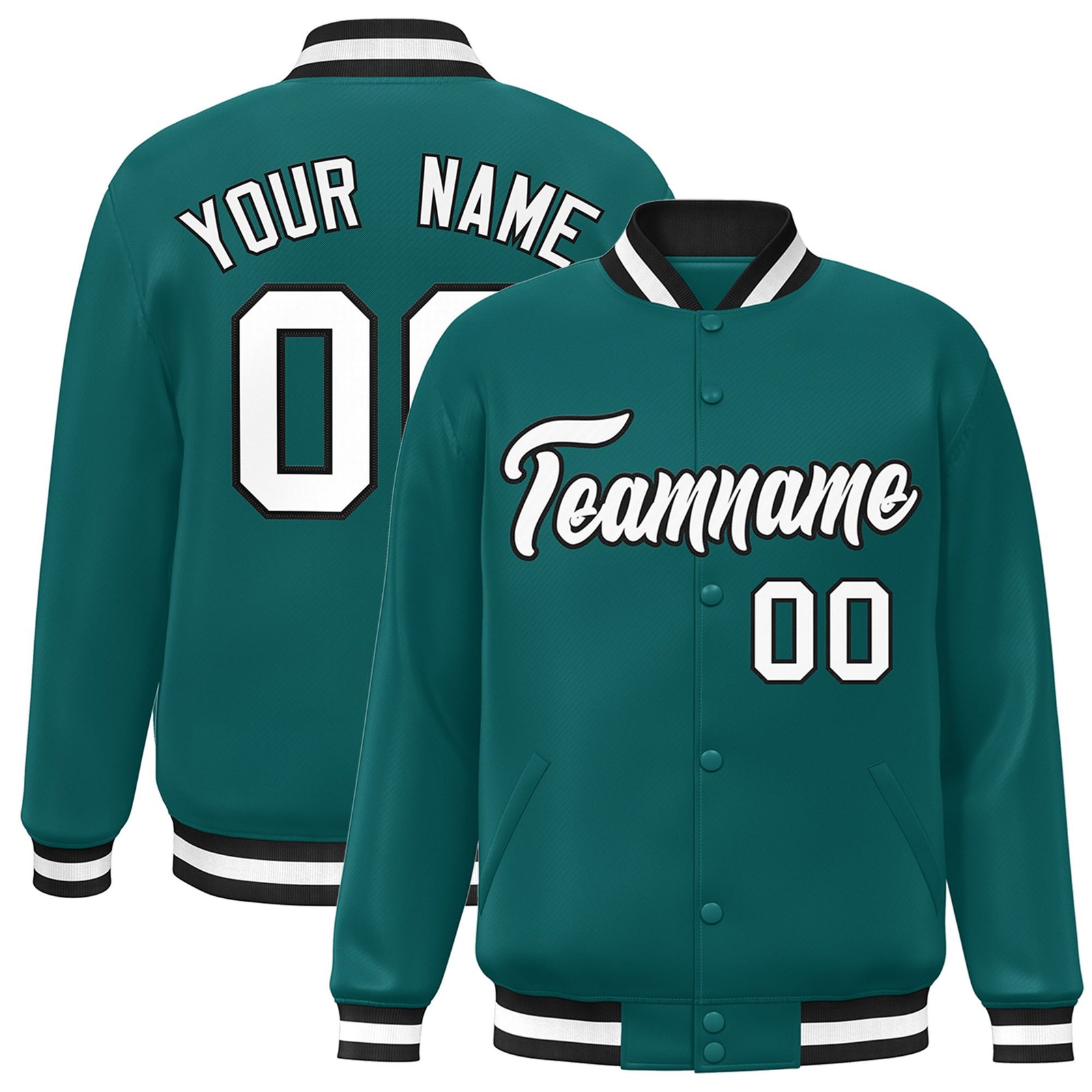 Custom Aqua White-Black Bomber Full-Snap Varsity Letterman Jacket