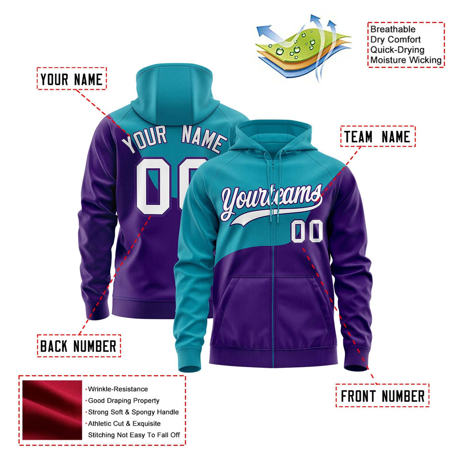 Custom Aqua Purple Color Block Varsity Full-Zip Letterman Wave Hoodie Jacket