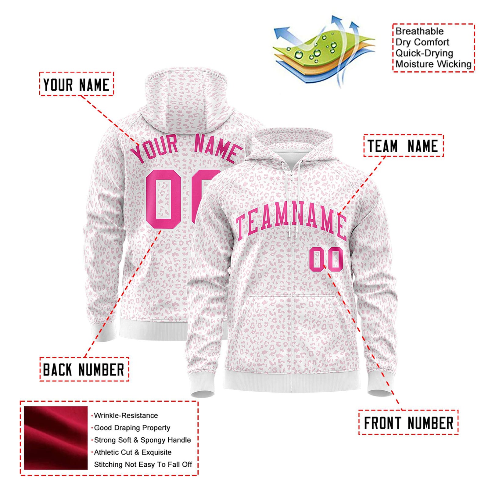 Custom White Pink Varsity Full-Zip Letterman Leopard Print Hoodie Jacket