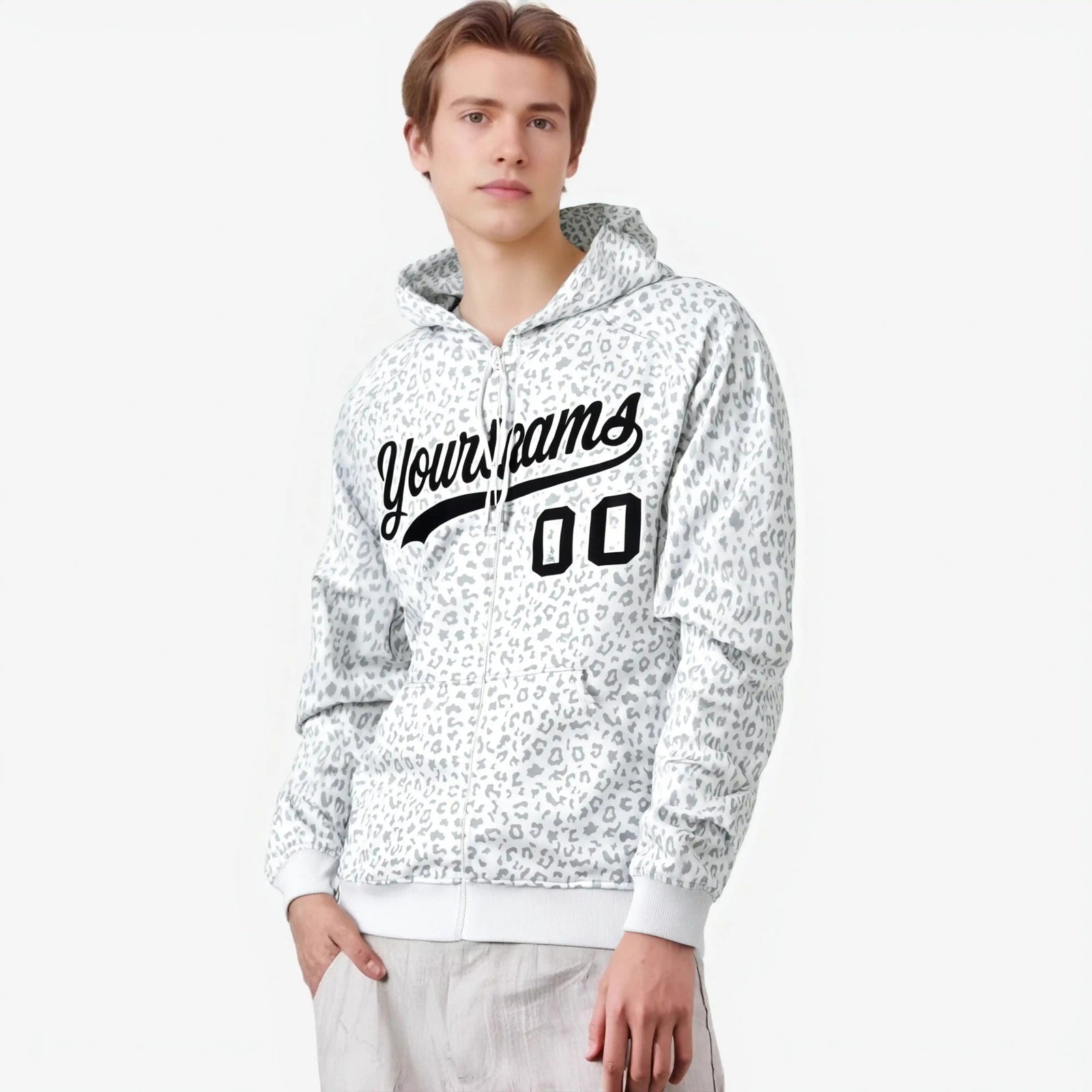 Custom White Gray Varsity Full-Zip Letterman Leopard Print Hoodie Jacket