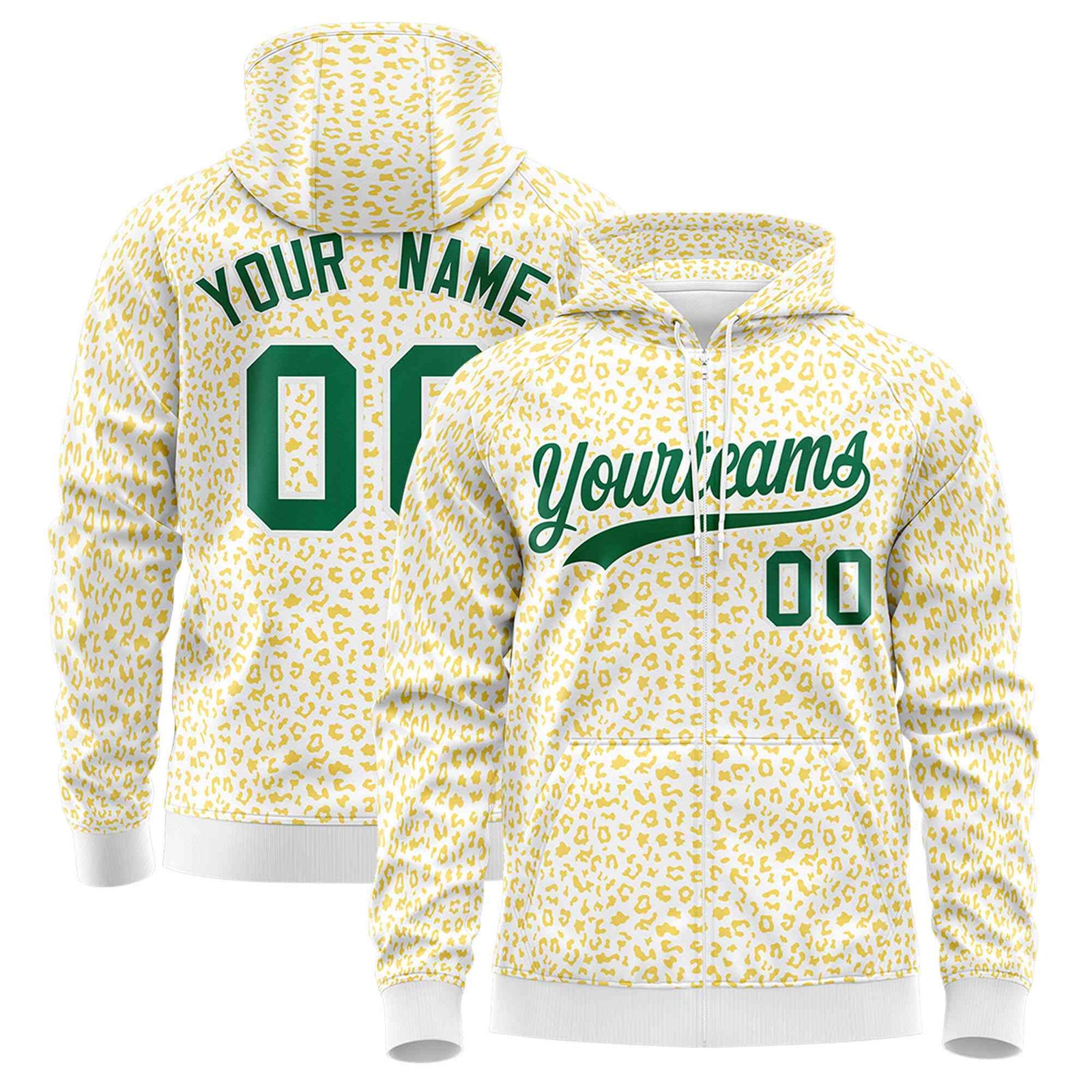 Custom White Gold Varsity Full-Zip Letterman Leopard Print Hoodie Jacket
