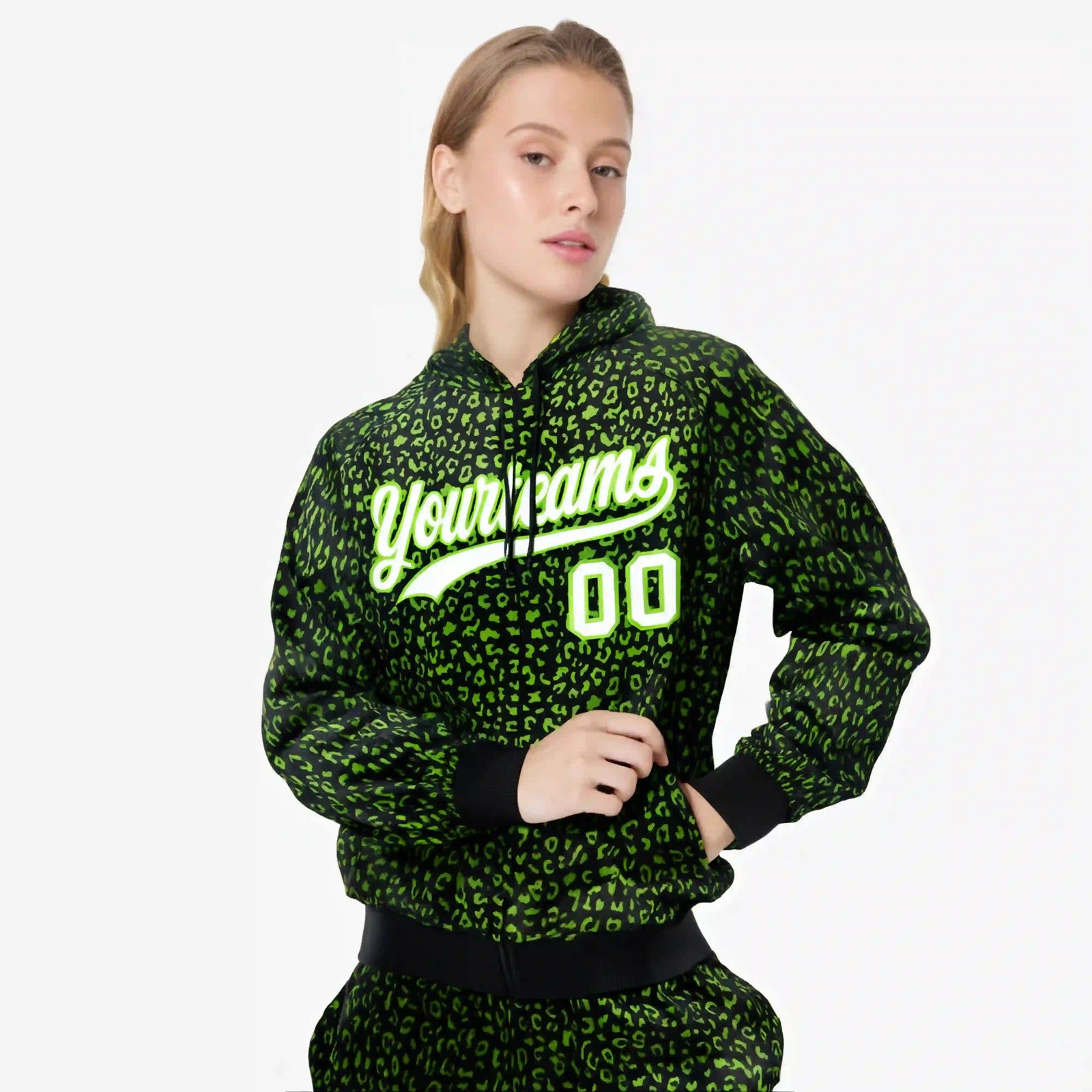 Custom Black Neon Green Varsity Full-Zip Letterman Leopard Print Hoodie Jacket