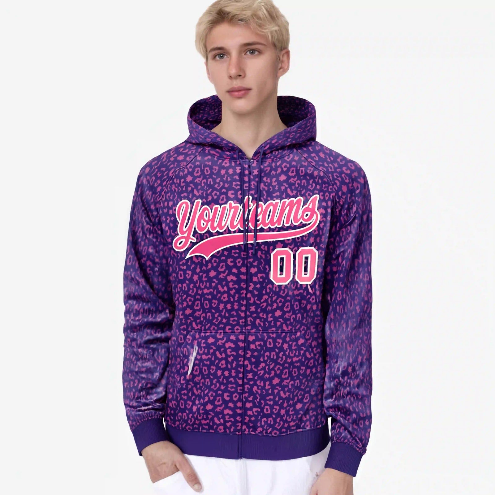 Custom Purple Pink Varsity Full-Zip Letterman Leopard Print Hoodie Jacket