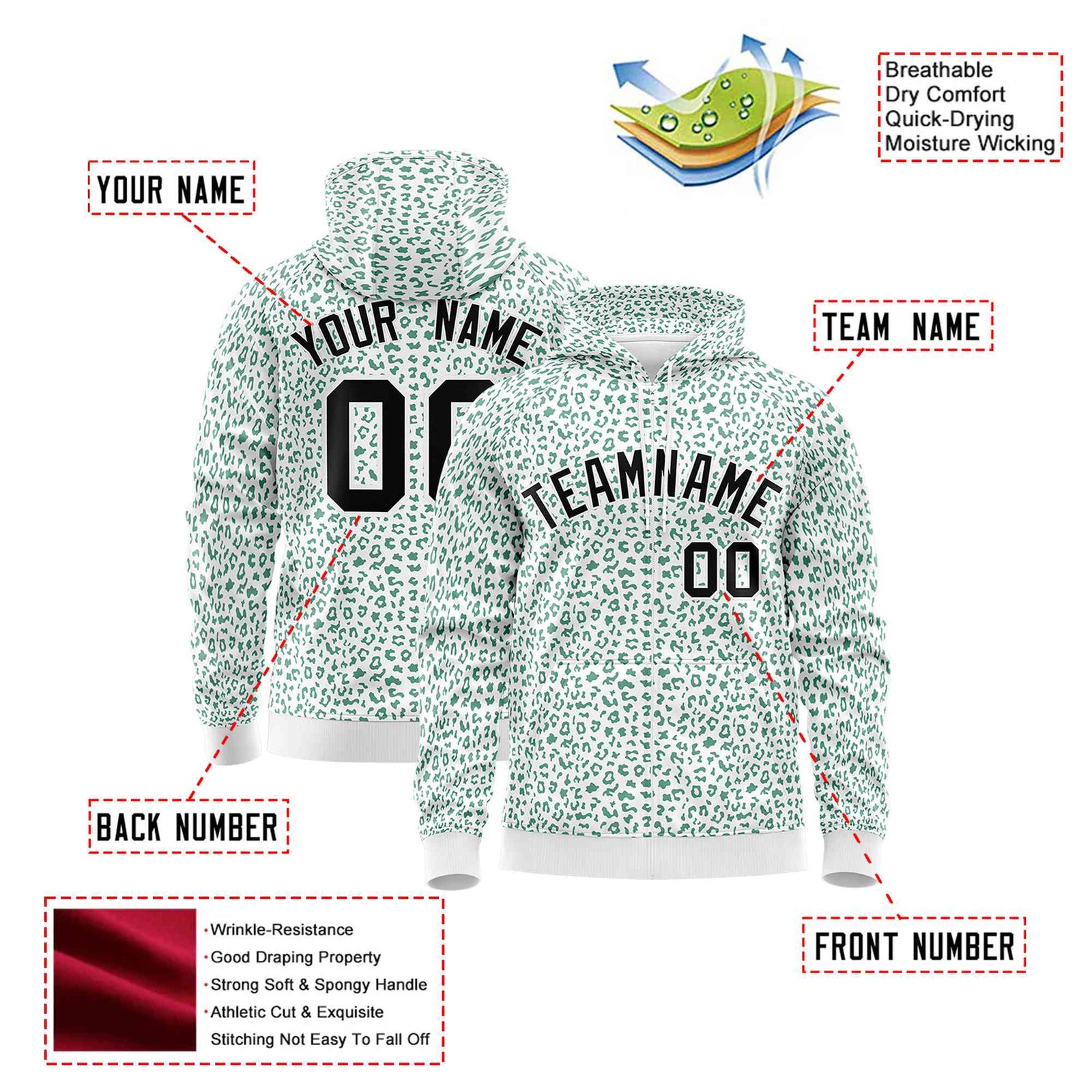 Custom White Green Varsity Full-Zip Letterman Leopard Print Hoodie Jacket