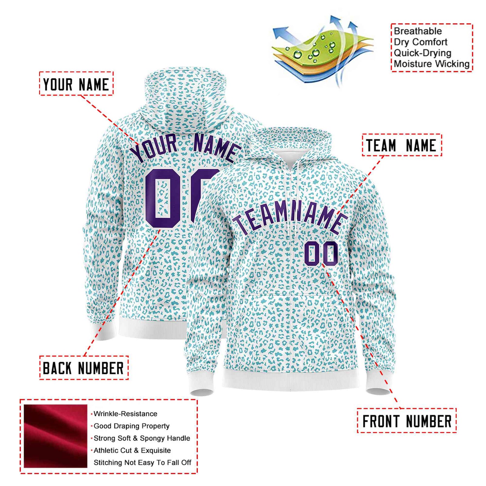 Custom White Aqua Varsity Full-Zip Letterman Leopard Print Hoodie Jacket