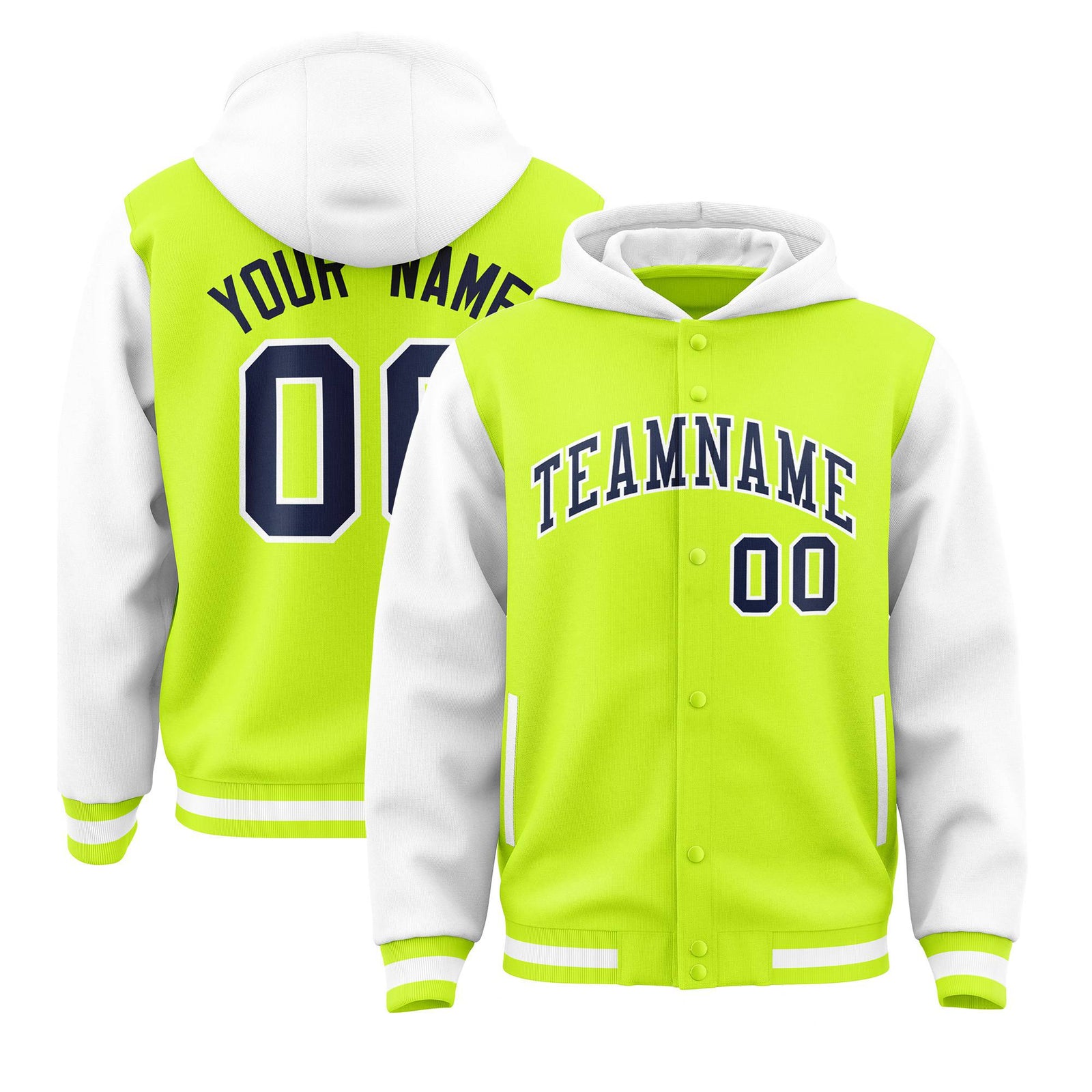 Custom Fluorescent Green White Raglan Sleeves Varsity Full-Snap Letterman Two Tone Hoodie Jacket