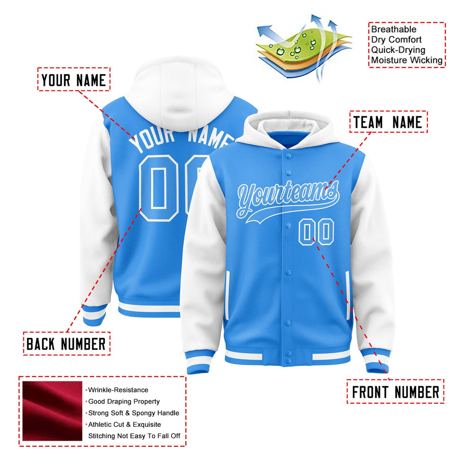 Custom Powder Blue White Raglan Sleeves Varsity Full-Snap Letterman Two Tone Hoodie Jacket