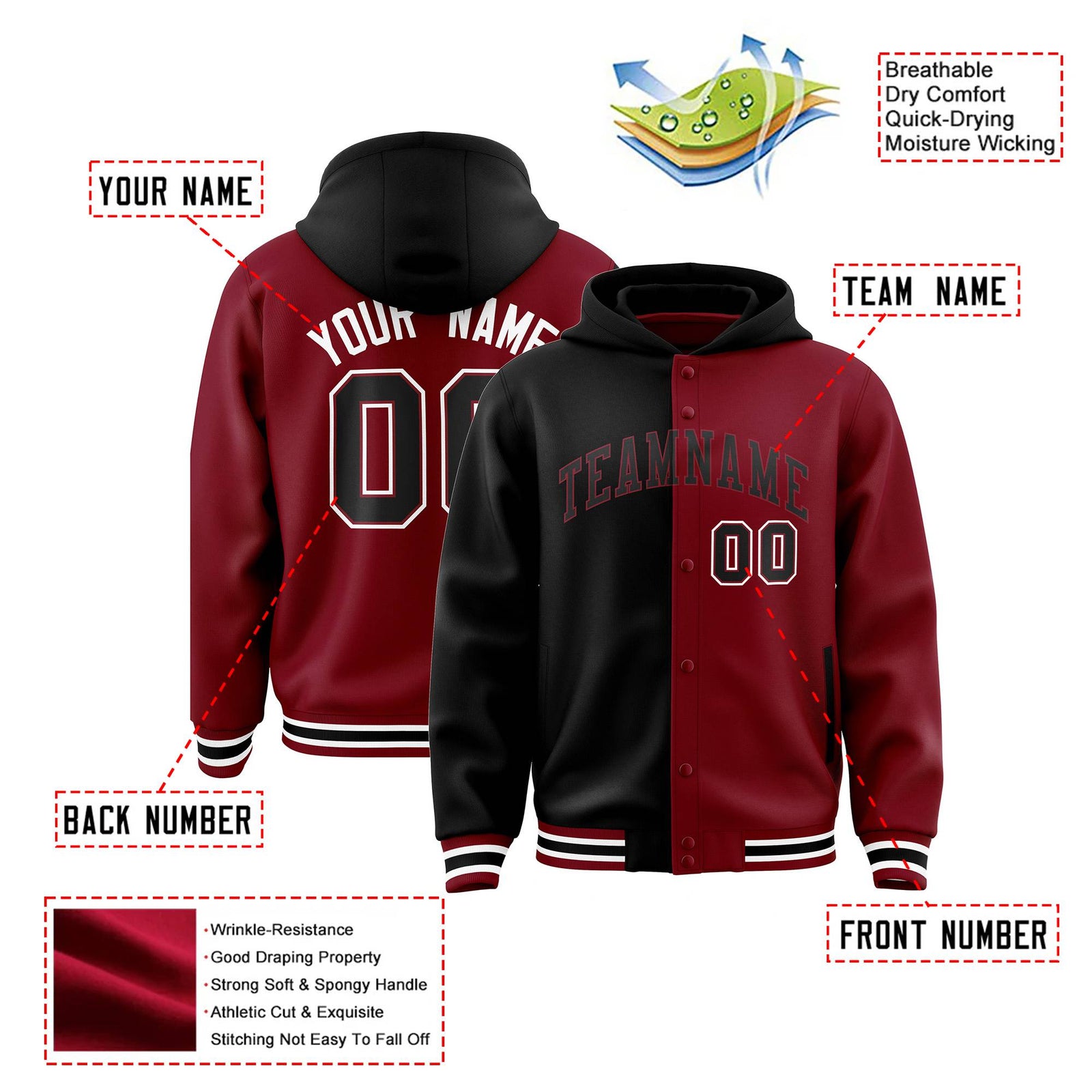 Custom Black Crimson Split Fashion Varsity Full-Snap Letterman Two Tone Hoodie Jacket
