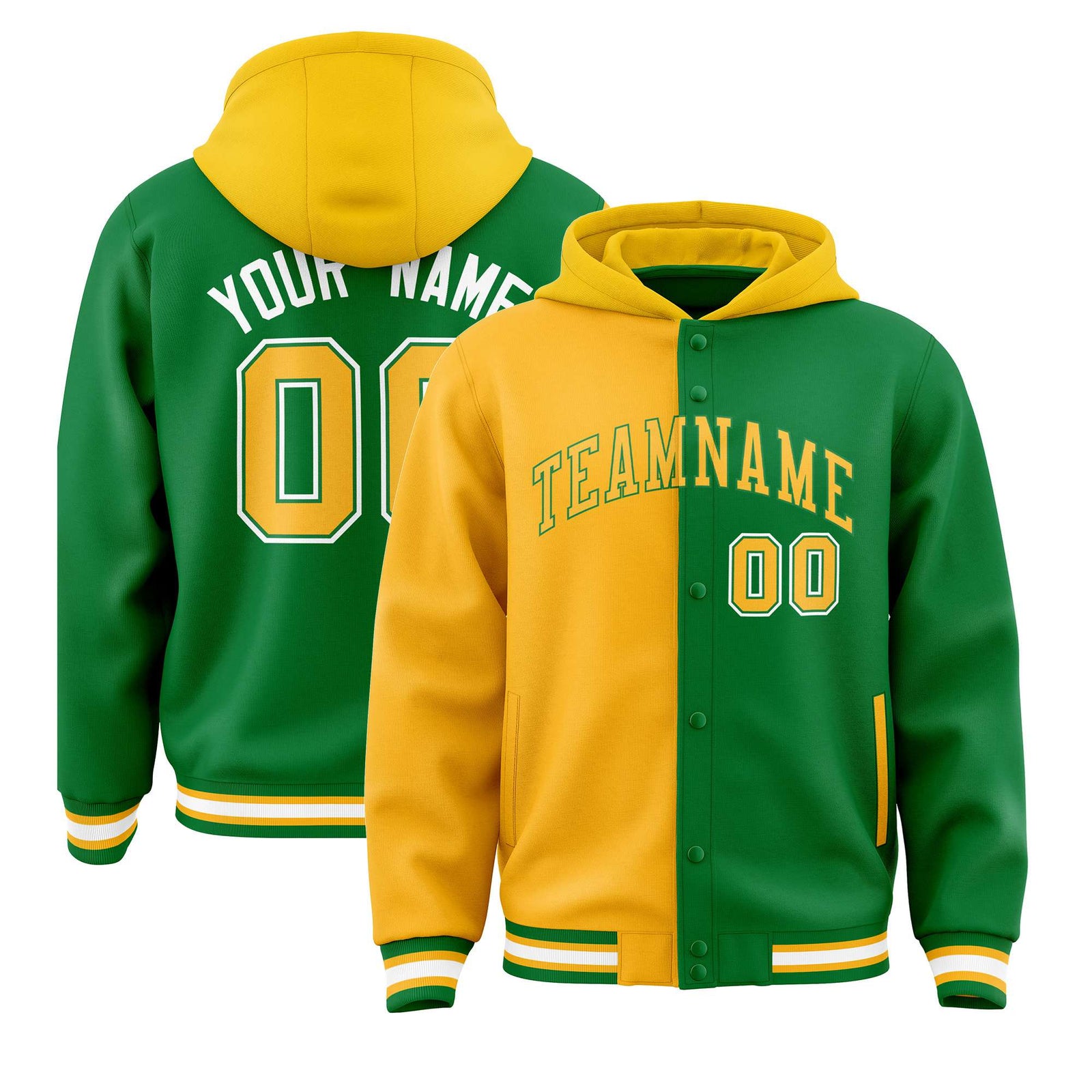 Custom Yellow Kelly Green Split Fashion Varsity Full-Snap Letterman Two Tone Hoodie Jacket
