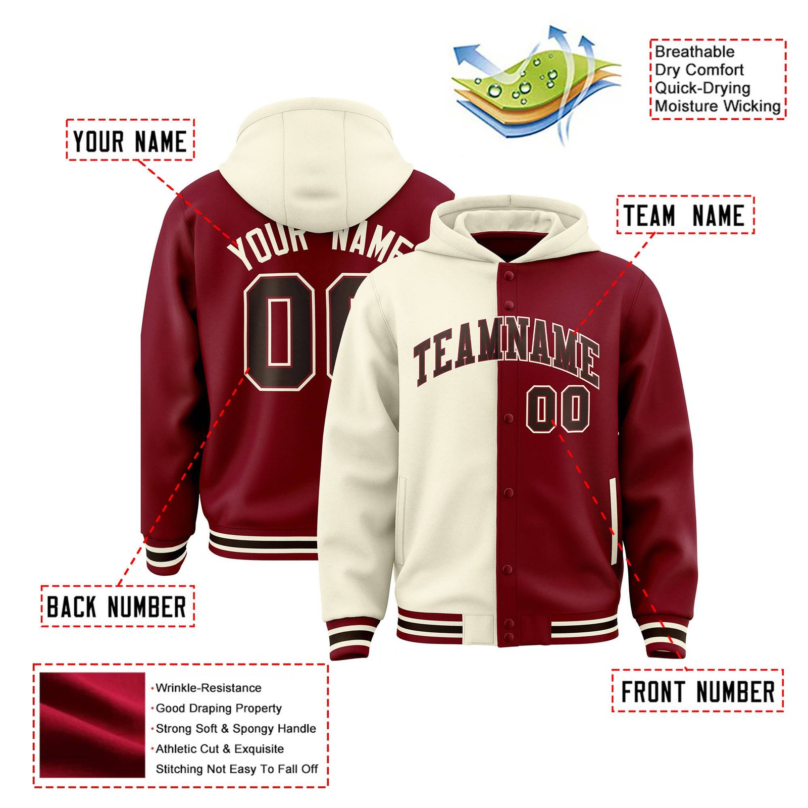 Custom Cream Crimson Split Fashion Varsity Full-Snap Letterman Two Tone Hoodie Jacket