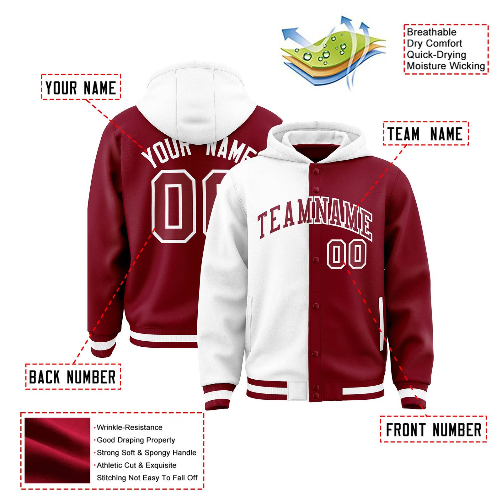Custom White Crimson Split Fashion Varsity Full-Snap Letterman Two Tone Hoodie Jacket