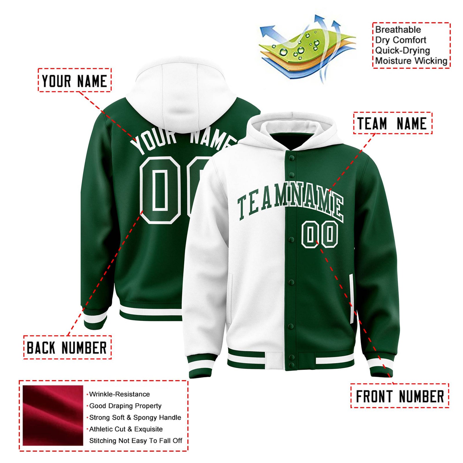 Custom White Green Split Fashion Varsity Full-Snap Letterman Two Tone Hoodie Jacket