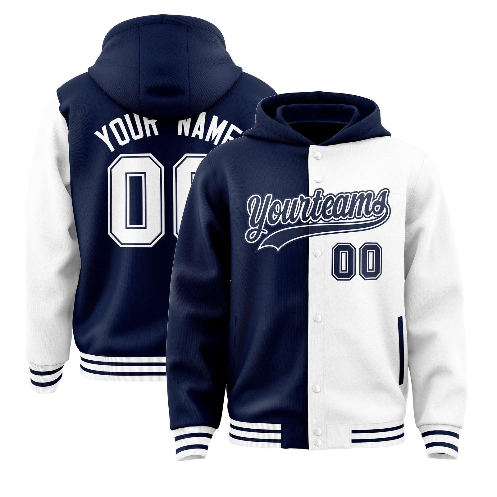 Custom Navy White Split Fashion Varsity Full-Snap Letterman Two Tone Hoodie Jacket