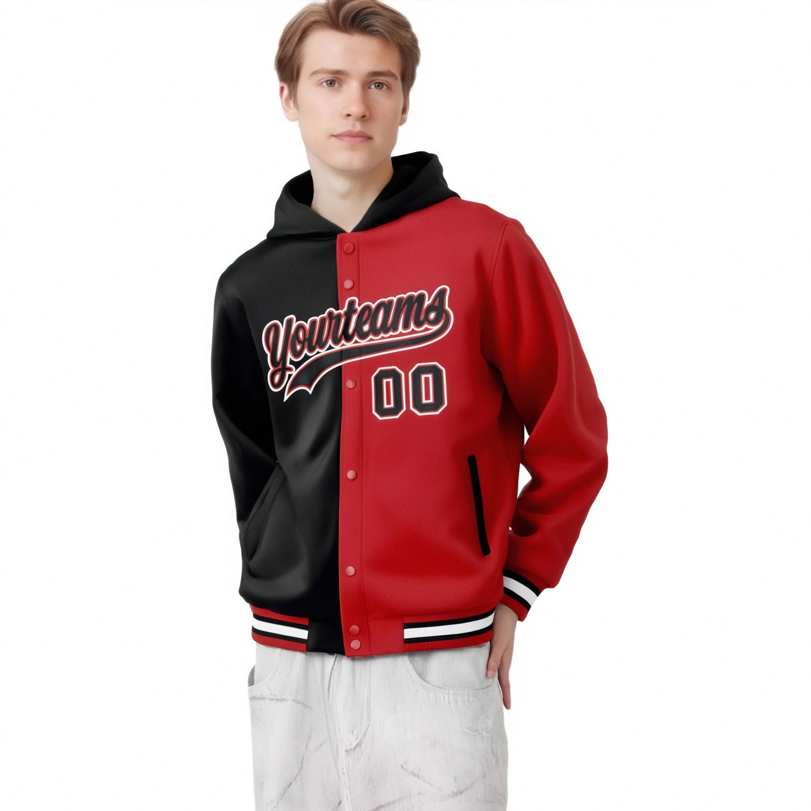 Custom Black Red Split Fashion Varsity Full-Snap Letterman Two Tone Hoodie Jacket
