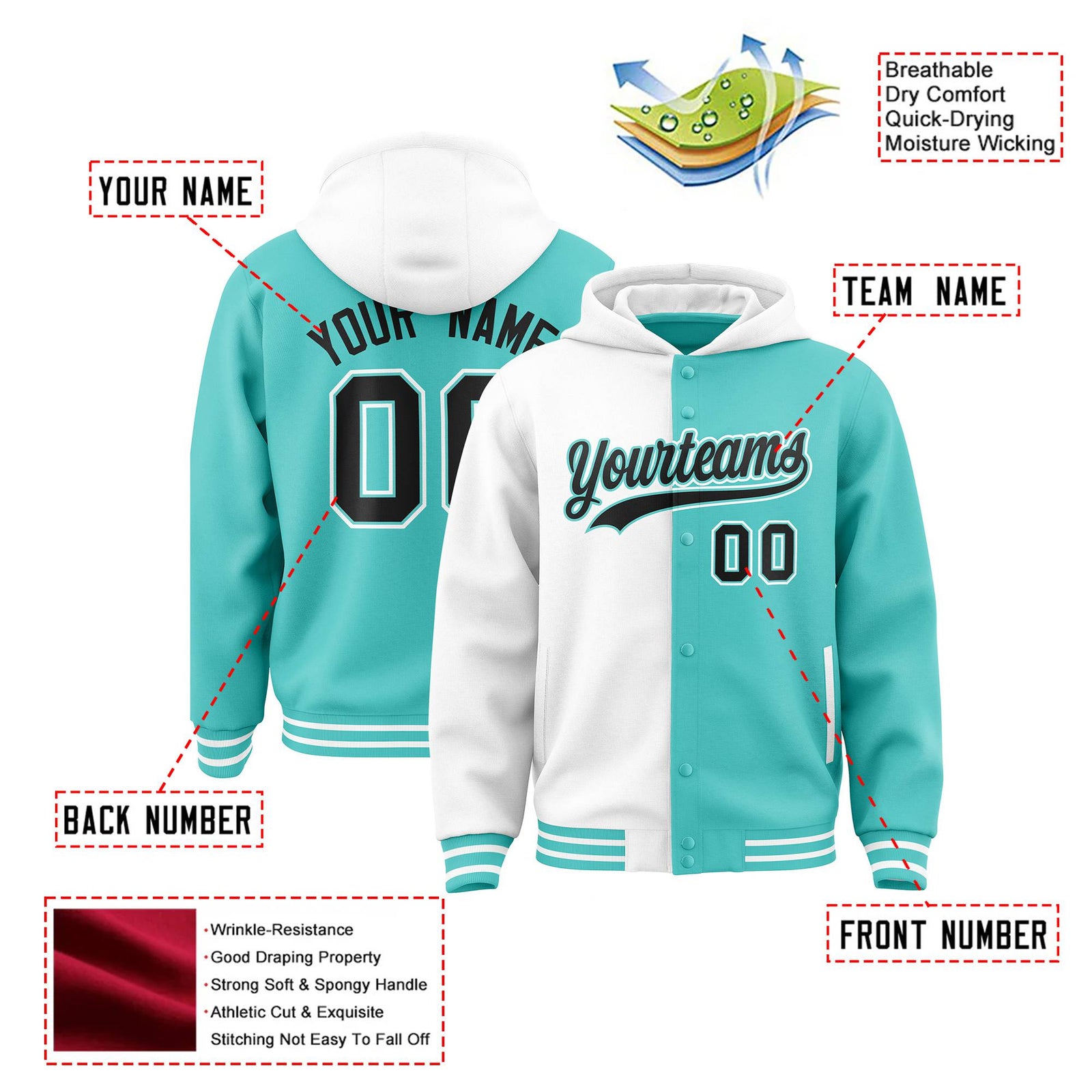 Custom White Aqua Split Fashion Varsity Full-Snap Letterman Two Tone Hoodie Jacket
