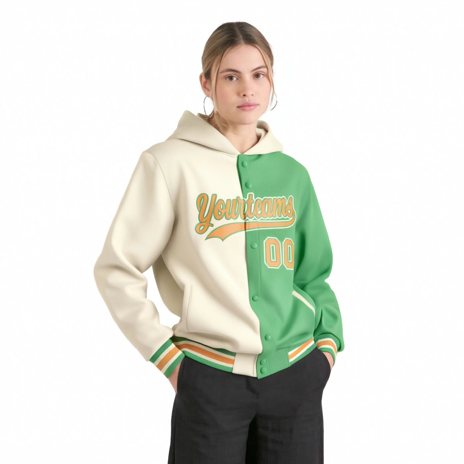 Custom Cream Bright Green Split Fashion Varsity Full-Snap Letterman Two Tone Hoodie Jacket