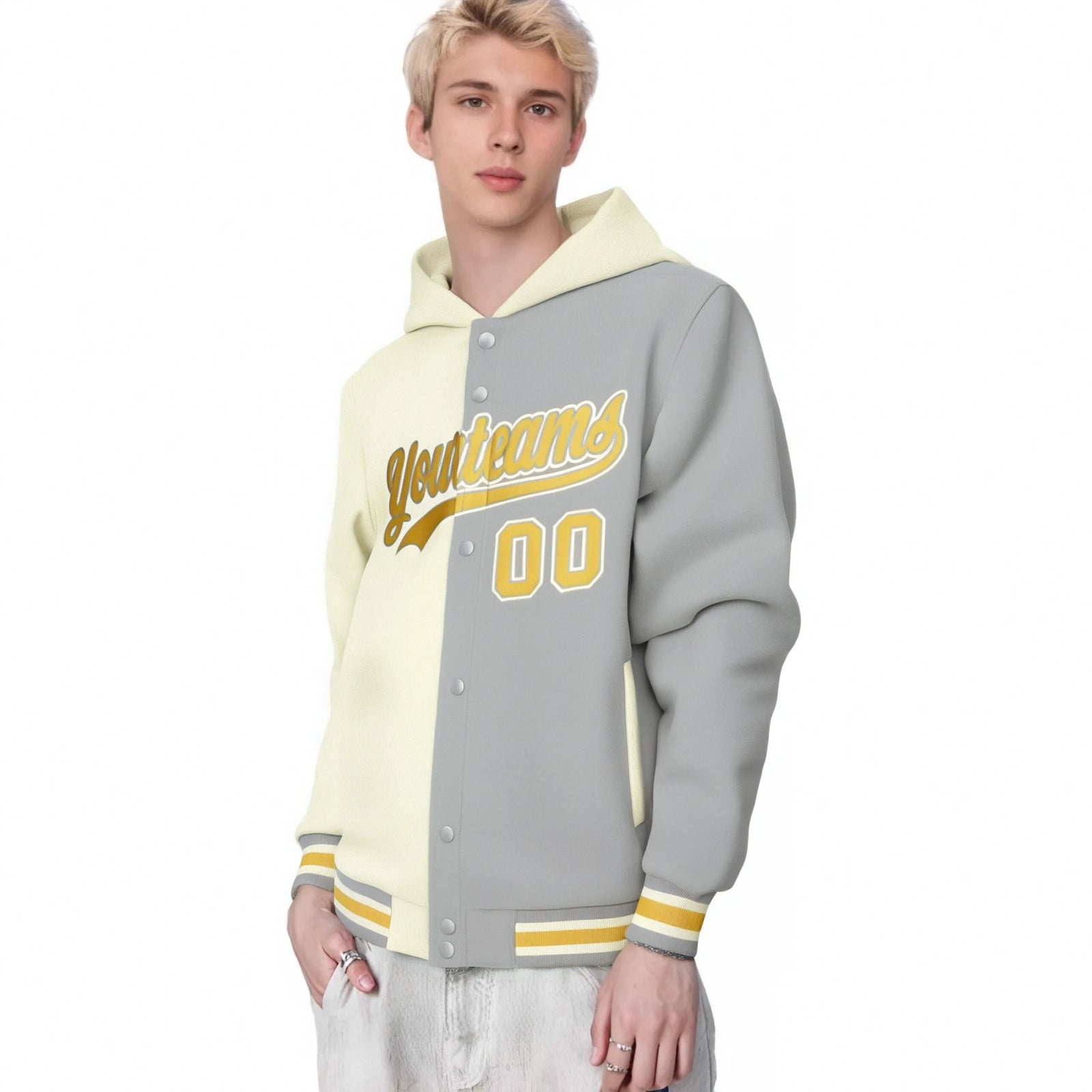 Custom Cream Gray Split Fashion Varsity Full-Snap Letterman Two Tone Hoodie Jacket