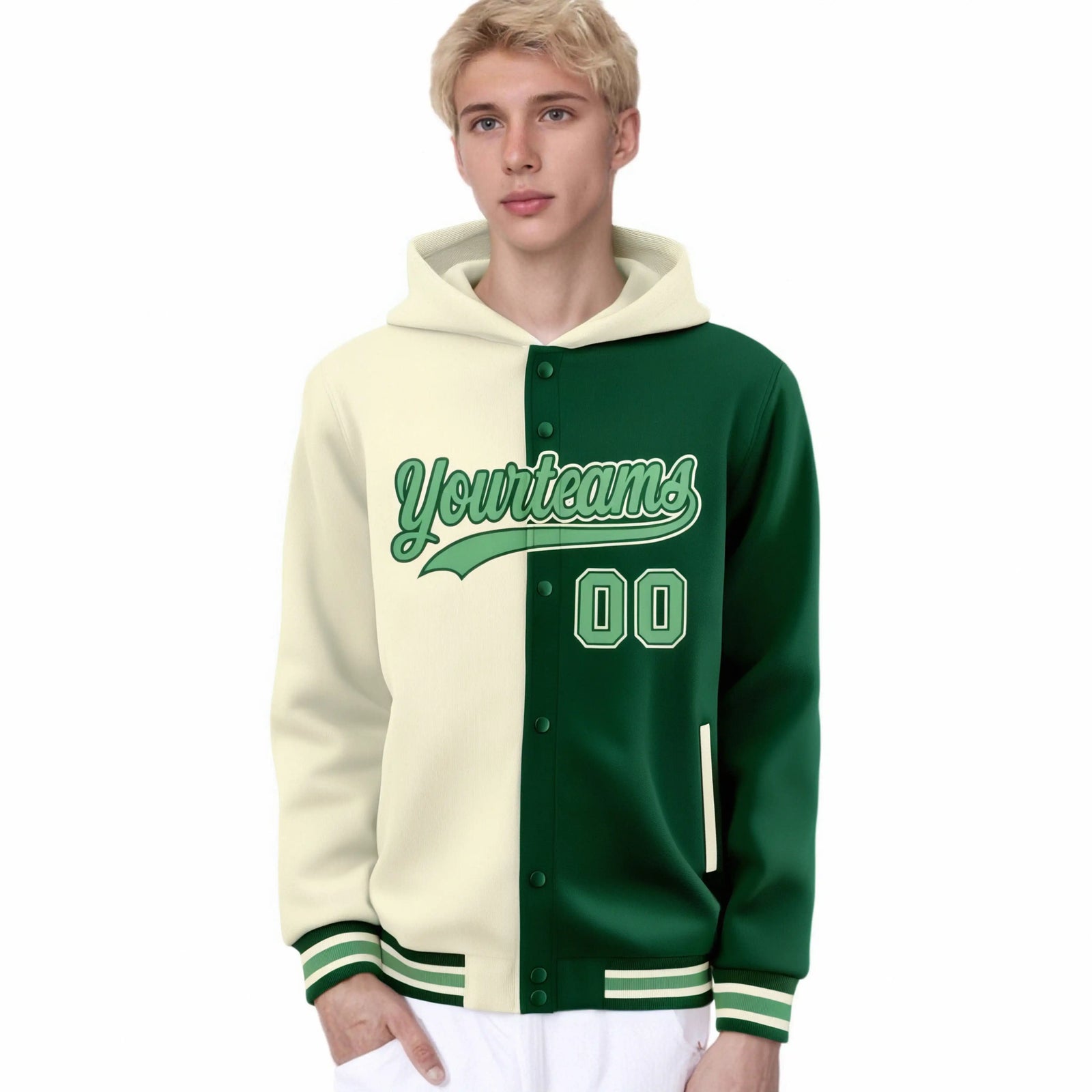 Custom Cream Green Split Fashion Varsity Full-Snap Letterman Two Tone Hoodie Jacket