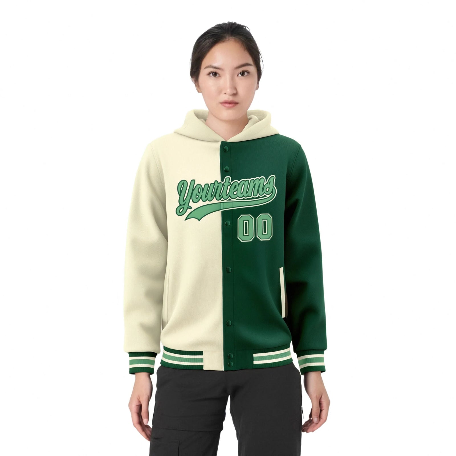Custom Cream Green Split Fashion Varsity Full-Snap Letterman Two Tone Hoodie Jacket