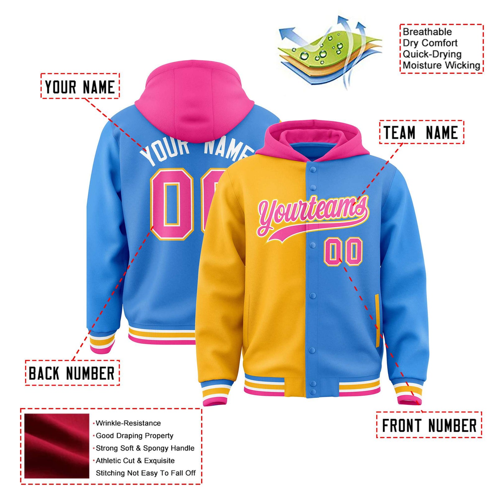 Custom Yellow Powder Blue Split Fashion Varsity Full-Snap Letterman Two Tone Hoodie Jacket