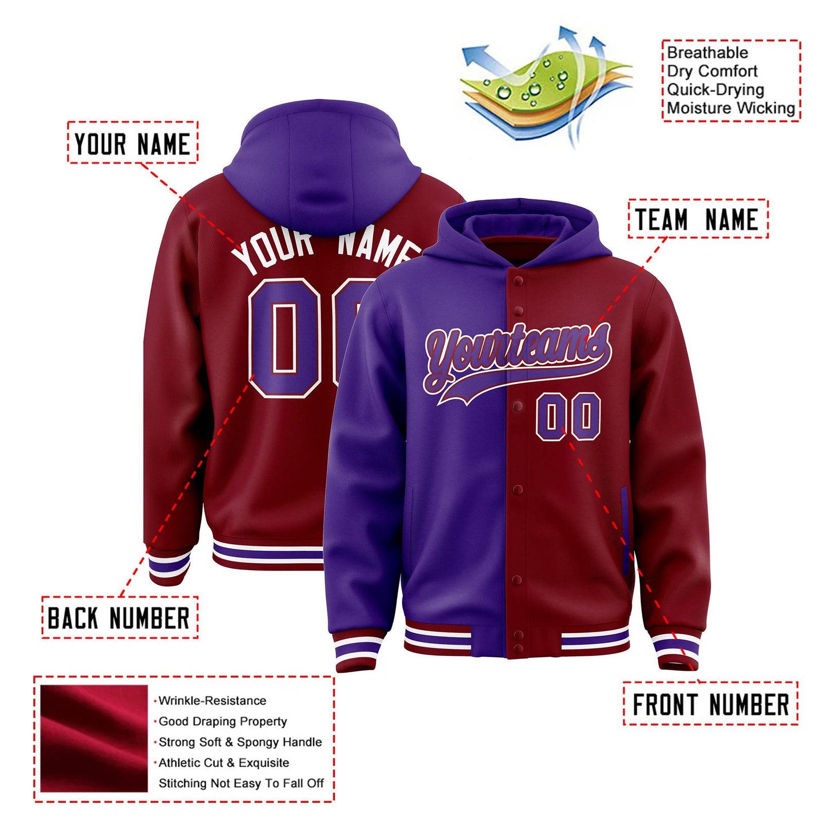 Custom Purple Crimson Split Fashion Varsity Full-Snap Letterman Two Tone Hoodie Jacket