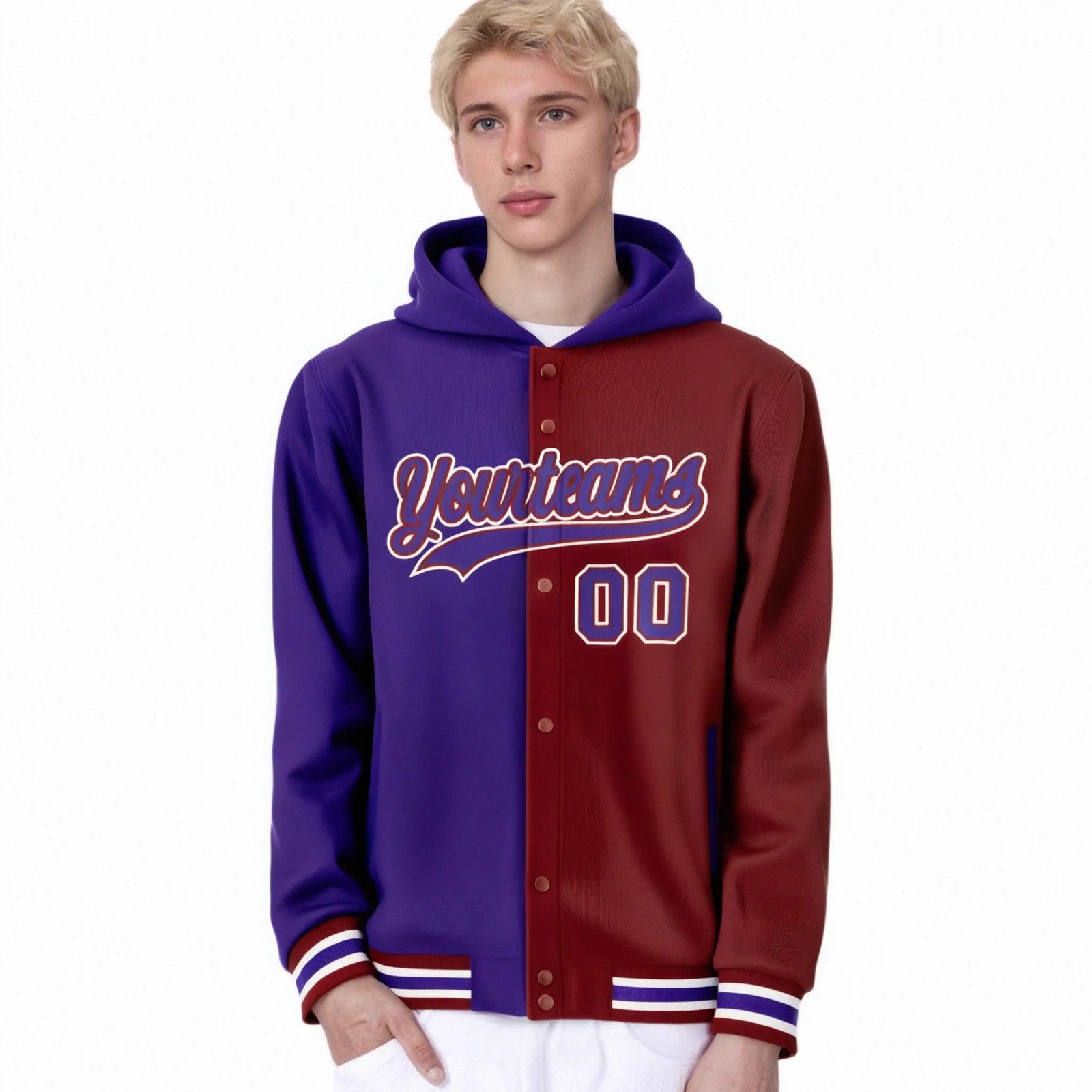 Custom Purple Crimson Split Fashion Varsity Full-Snap Letterman Two Tone Hoodie Jacket