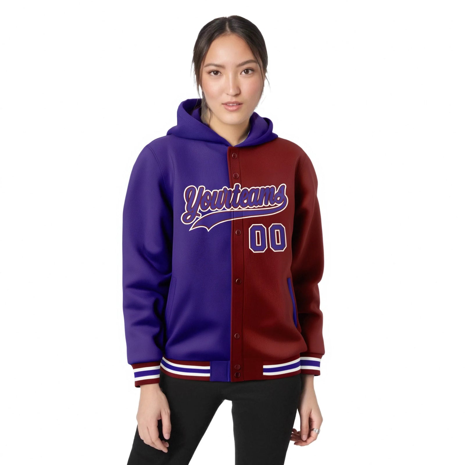 Custom Purple Crimson Split Fashion Varsity Full-Snap Letterman Two Tone Hoodie Jacket