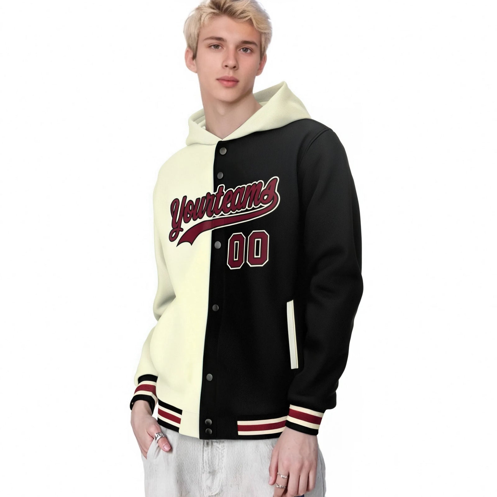 Custom Cream Black Split Fashion Varsity Full-Snap Letterman Two Tone Hoodie Jacket