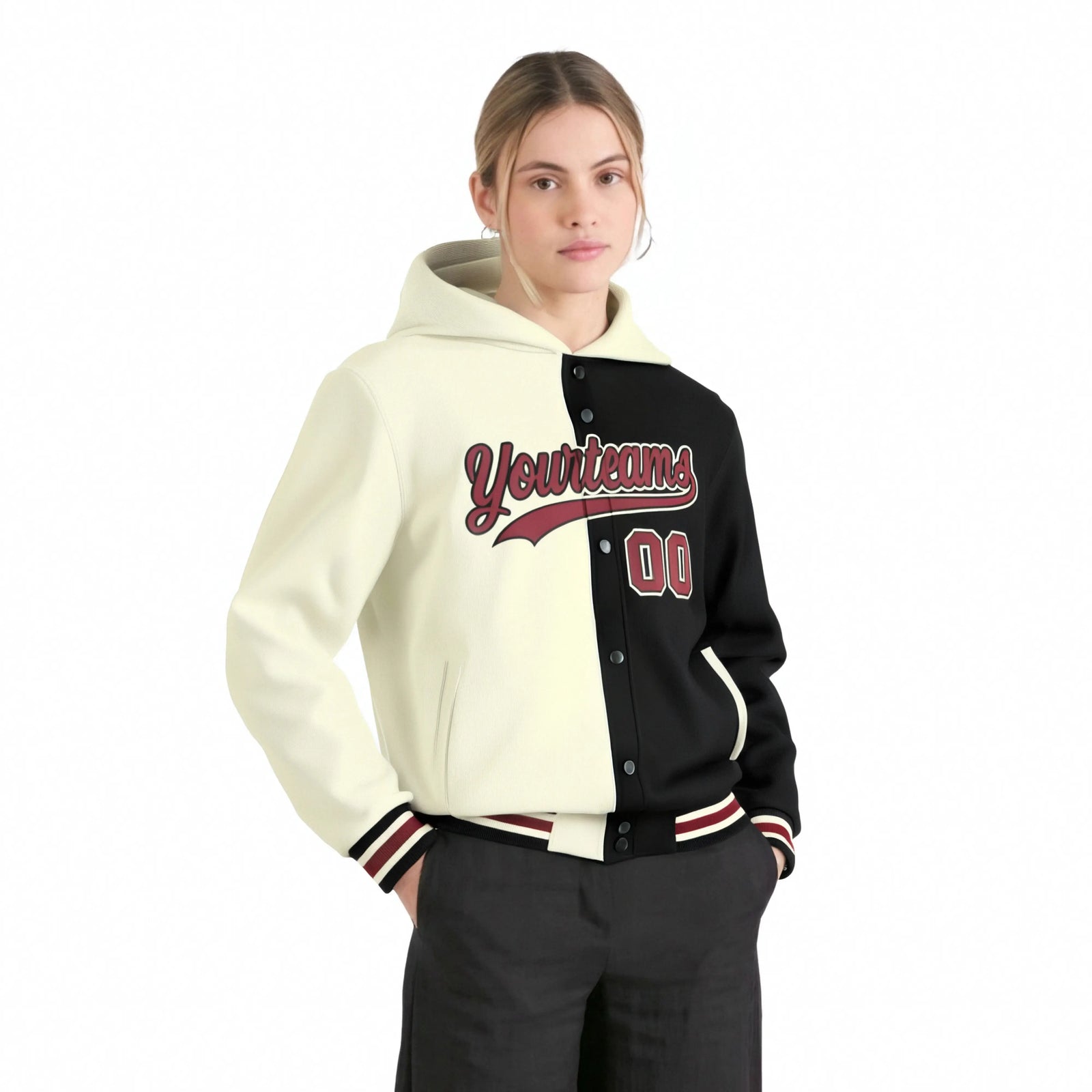 Custom Cream Black Split Fashion Varsity Full-Snap Letterman Two Tone Hoodie Jacket