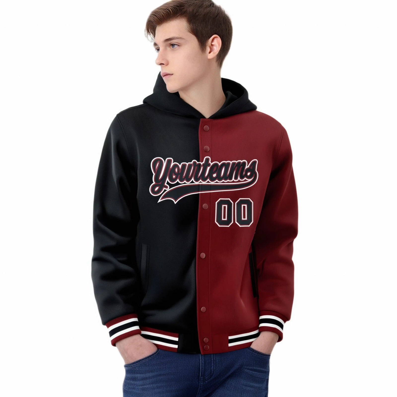 Custom Black Crimson Split Fashion Varsity Full-Snap Letterman Two Tone Hoodie Jacket