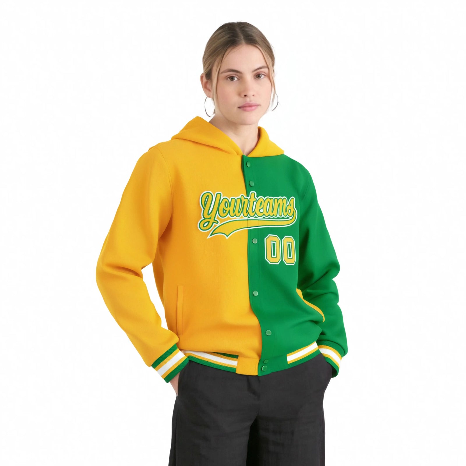 Custom Yellow Kelly Green Split Fashion Varsity Full-Snap Letterman Two Tone Hoodie Jacket