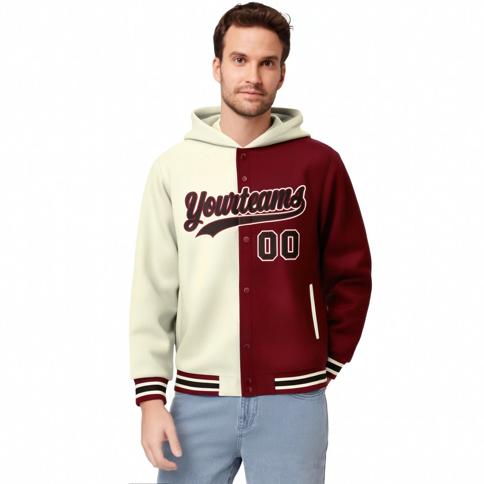 Custom Cream Crimson Split Fashion Varsity Full-Snap Letterman Two Tone Hoodie Jacket