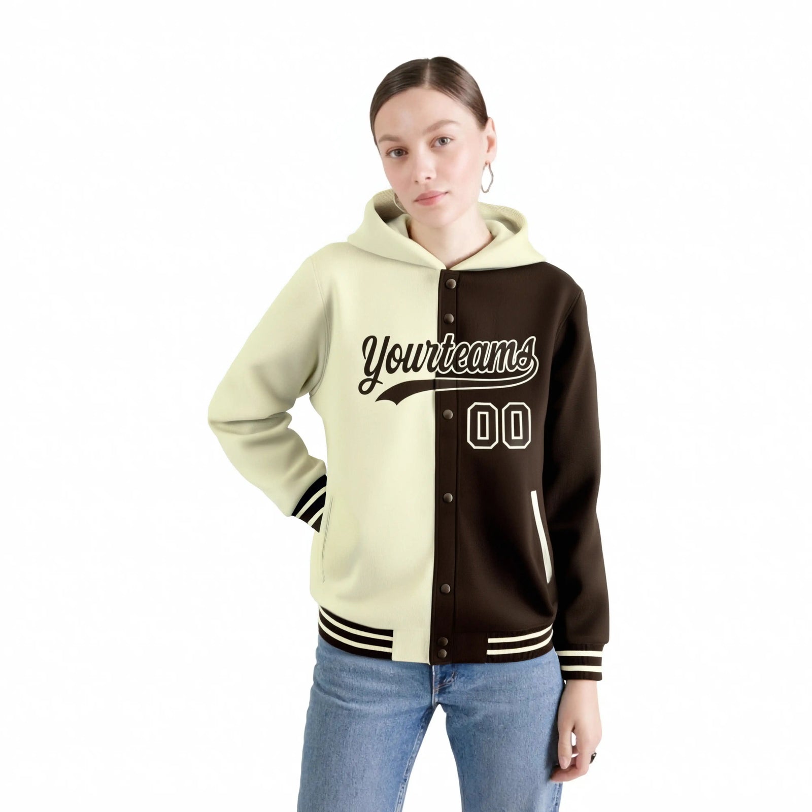 Custom Cream Brown Split Fashion Varsity Full-Snap Letterman Two Tone Hoodie Jacket
