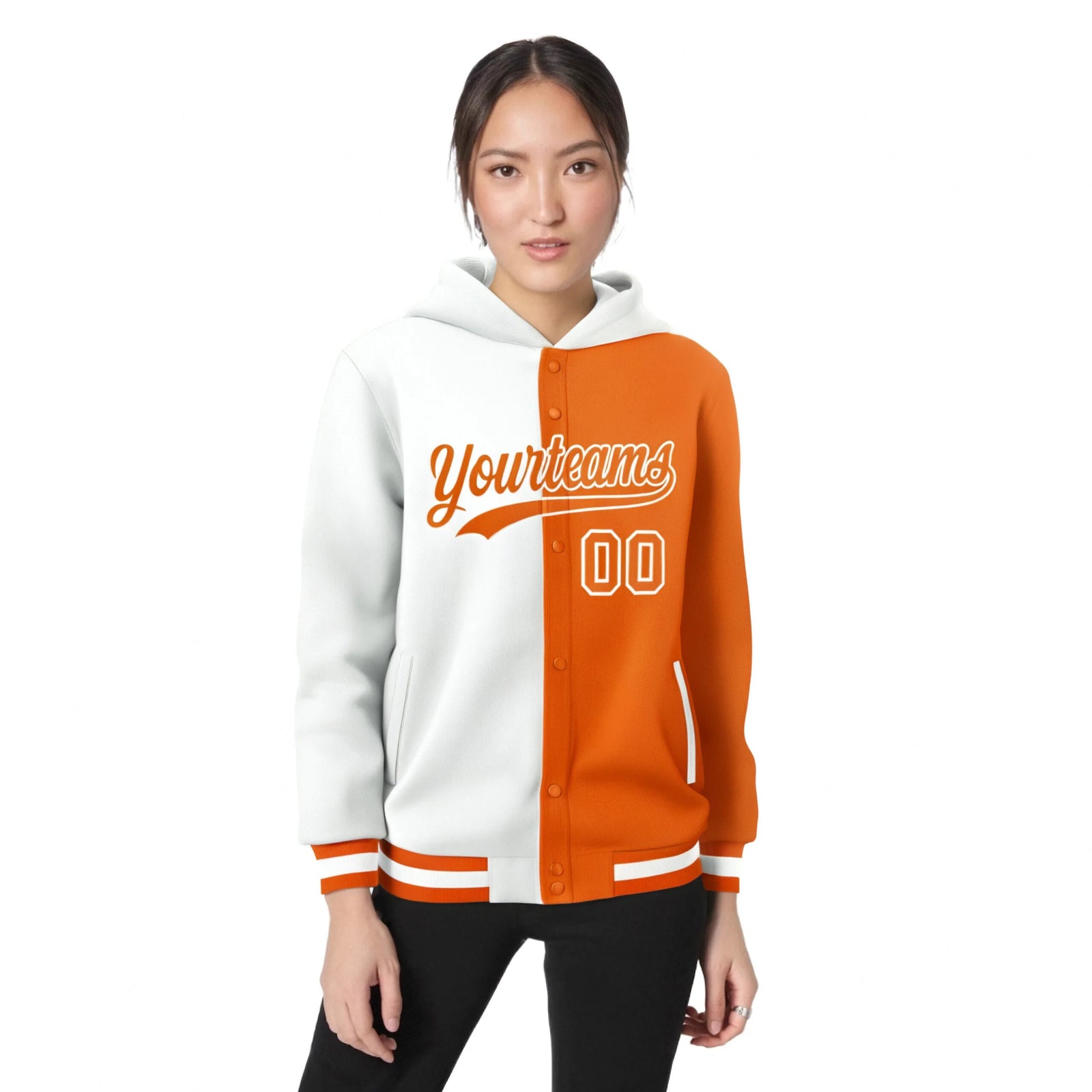 Custom White Orange Split Fashion Varsity Full-Snap Letterman Two Tone Hoodie Jacket