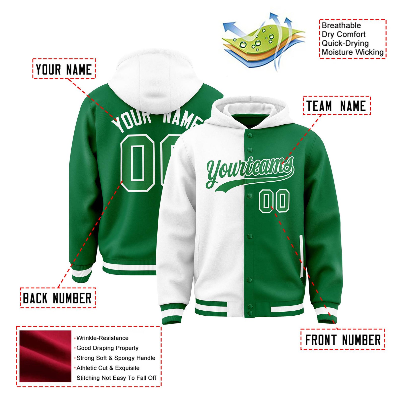 Custom White Kelly Green Split Fashion Varsity Full-Snap Letterman Two Tone Hoodie Jacket