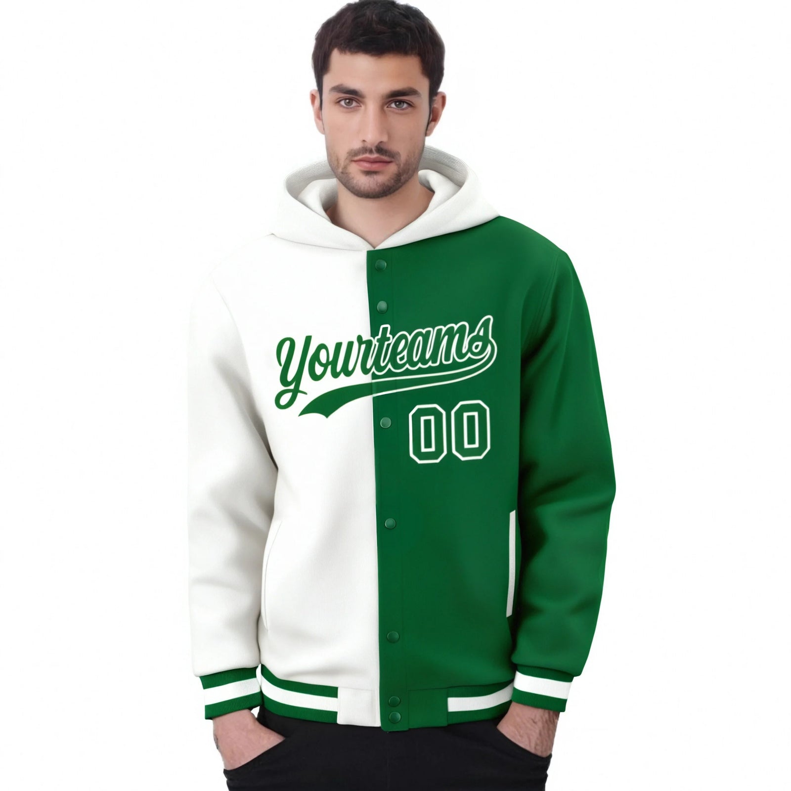 Custom White Kelly Green Split Fashion Varsity Full-Snap Letterman Two Tone Hoodie Jacket