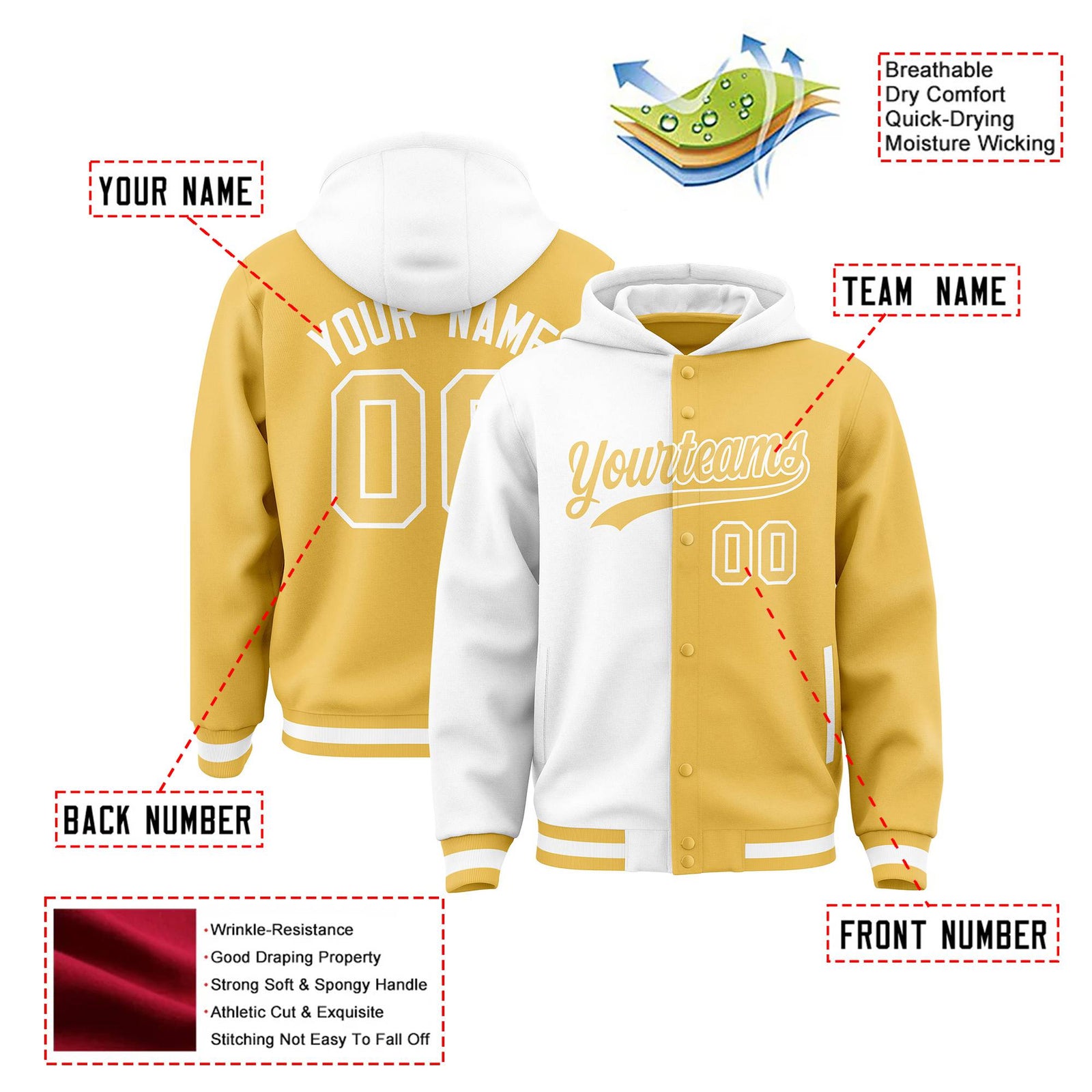 Custom White Old Gold Split Fashion Varsity Full-Snap Letterman Two Tone Hoodie Jacket