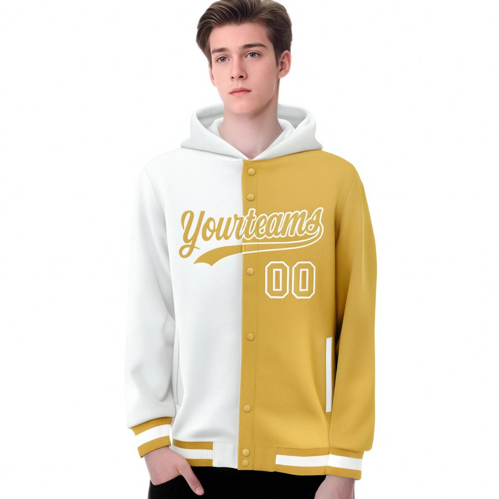 Custom White Old Gold Split Fashion Varsity Full-Snap Letterman Two Tone Hoodie Jacket
