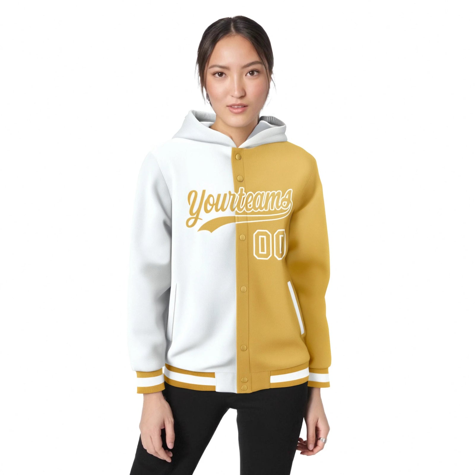 Custom White Old Gold Split Fashion Varsity Full-Snap Letterman Two Tone Hoodie Jacket
