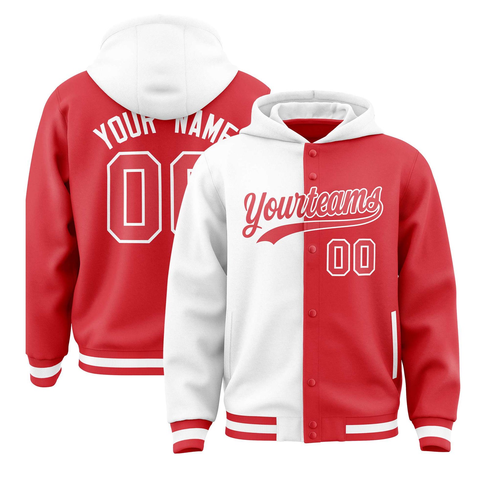 Custom White Red Split Fashion Varsity Full-Snap Letterman Two Tone Hoodie Jacket