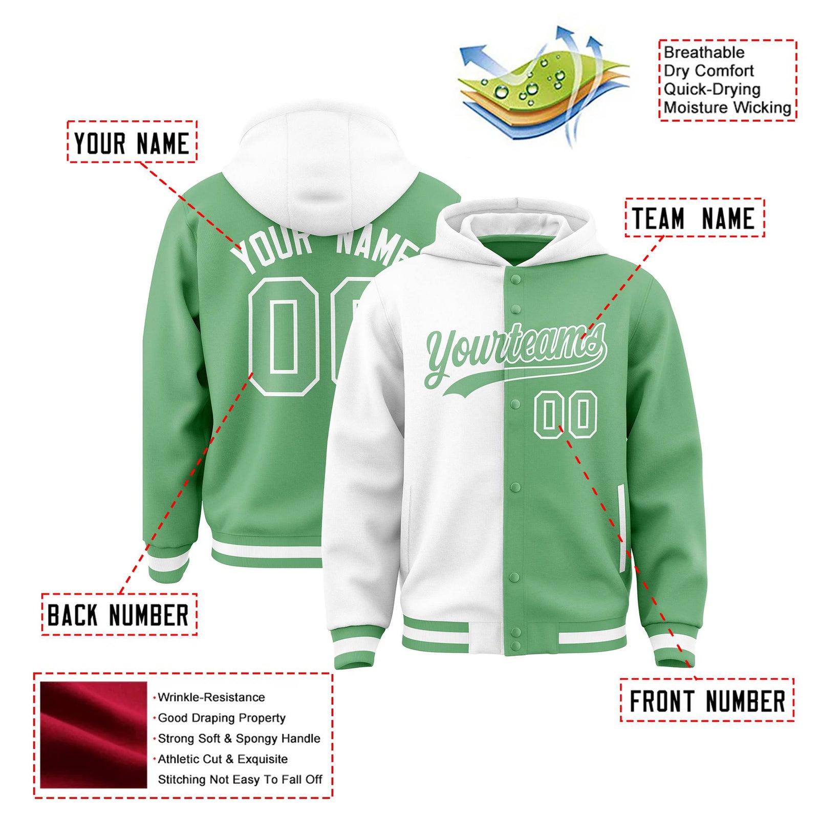 Custom White Bright Green Split Fashion Varsity Full-Snap Letterman Two Tone Hoodie Jacket